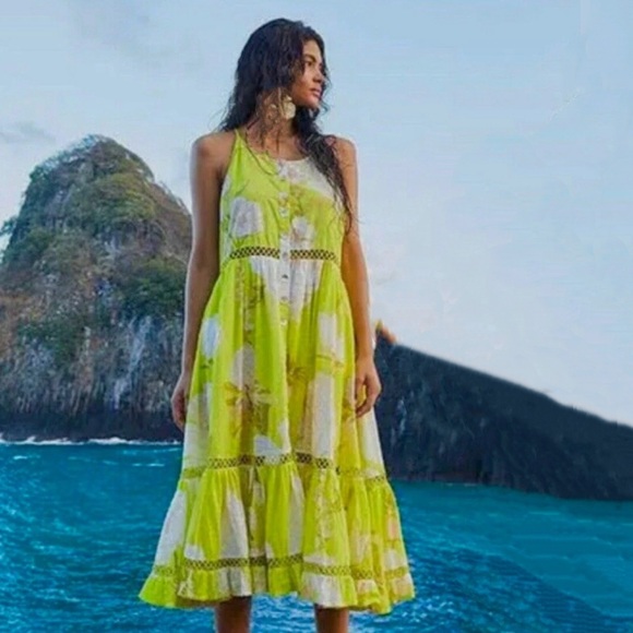 Farm Rio Neon Garden Cotton Midi Flare Vibrant Tropical - Picture 7 of 12